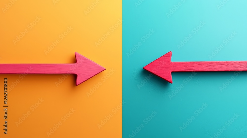 Fototapete two pink arrows pointing in opposite directions on a two tone background illustrate the challenge of