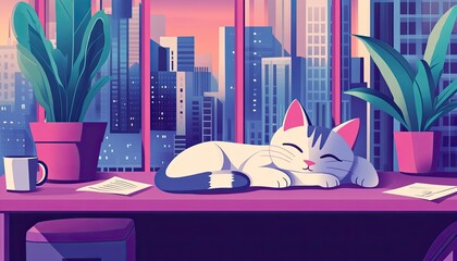 A cartoon cat sleeping on its side in an office with purple, pink, and navy blue tones, surrounded by city buildings through the window