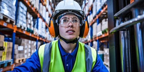 Focused Forklift Operator in Warehouse. A determined forklift operator wearing safety gear navigates a busy warehouse, highlighting precision and efficiency in logistics and operations.