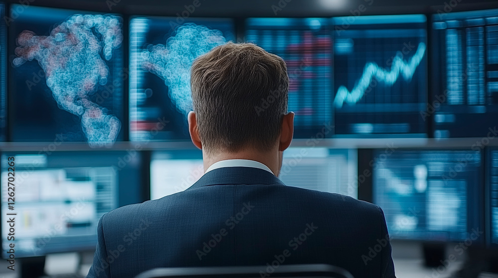Poster business professional analyzing global financial data trends on multiple monitors, optimizing invest
