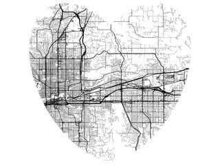 Heart-Shaped City Map of Spokane Metro Washington, USA - Black & White High-Resolution Design