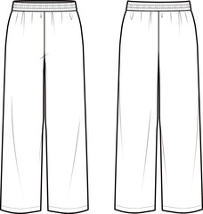 Technical flat sketch of Wide pants. Elasticated waistband sweatpants. Shirring detailed pull-on pants. Vector mock up Template. 
