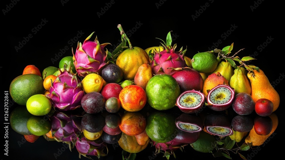 Aufkleber colorful array of exotic fruits arranged on a reflective surface showcasing vibrant colors and uniqu