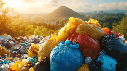 Obraz premium Mount of colorful garbage bags symbolizing waste management issues urban environment landscape photography sunset view