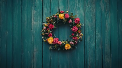 A spring flower wreath garland with colorful blossoms and greenery on an old rustic blue and green wood background, perfect for spring celebrations or rustic home decor.