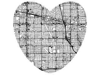 Heart-Shaped City Map of Valley Glen  California, USA - Black & White High-Resolution Design