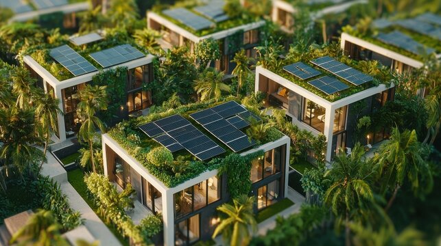 Sustainable homes with solar panels surrounded by lush greenery in a tranquil setting at sunset
