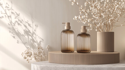 Obraz premium Minimalist Soap Dispenser Bottles with Dried Flowers, Neutral Background, Modern Bathroom Accessories, Skincare Products, and Beige Natural Aesthetic Decor