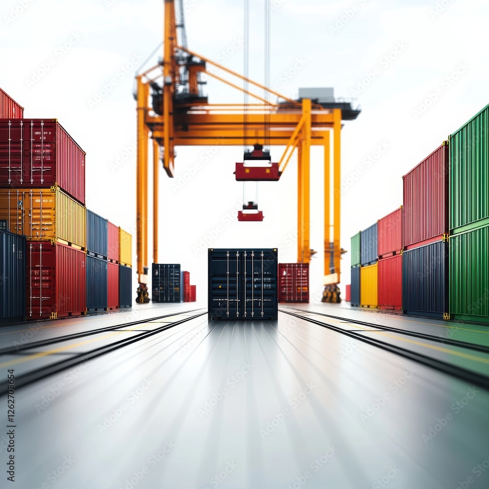 Poster a busy shipping yard featuring colorful containers and a large crane, emphasizing logistics and tran