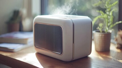 Modern indoor air purifier emitting vapor near a sunlit window with plants in the background