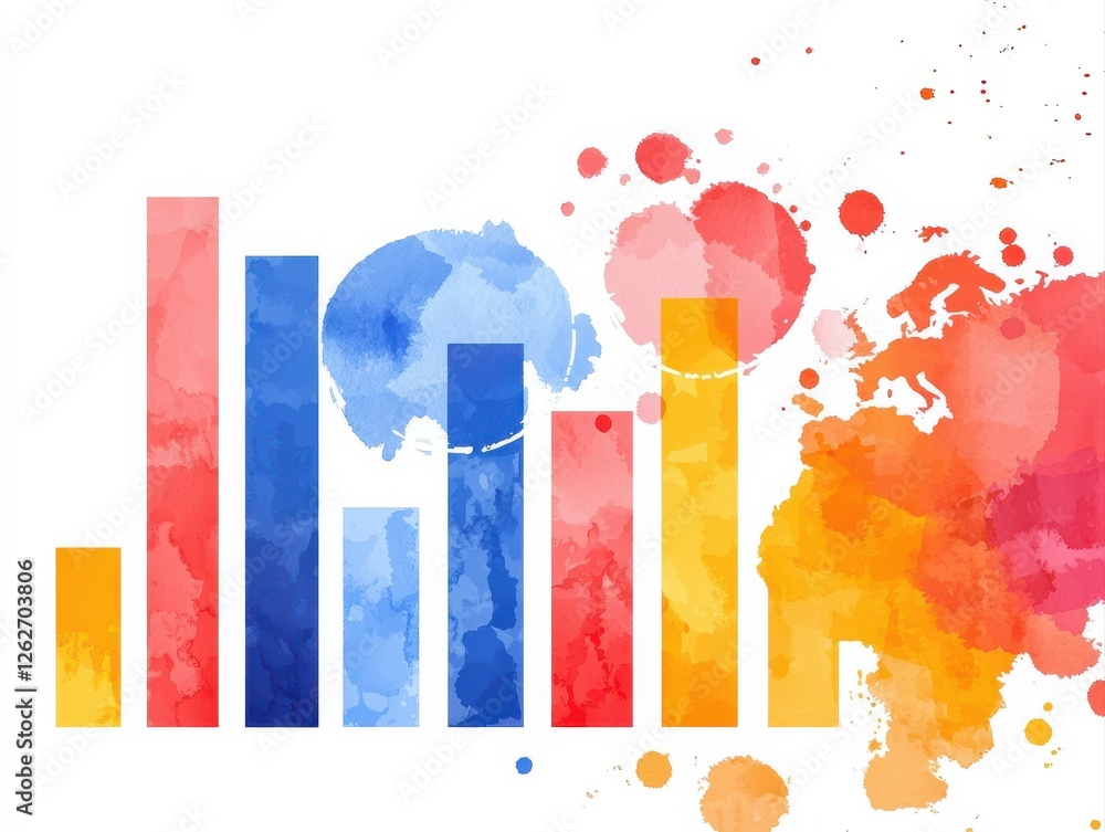 Poster a vibrant watercolor illustration featuring colorful bars and splashes, representing data visualizat