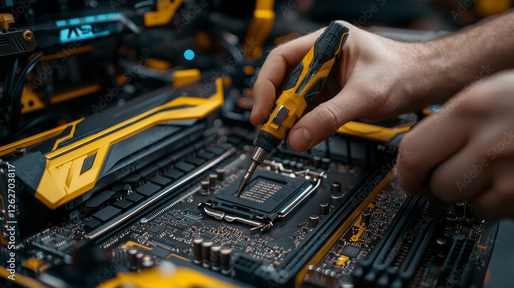 Poster an ai-created image of a repairman engineer servicing a computer microprocessor.