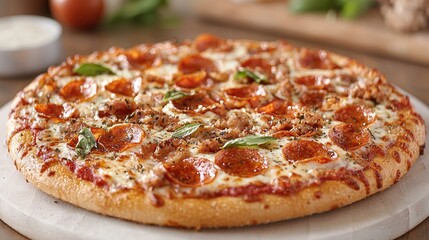 Delicious Pepperoni Pizza on Wooden Board