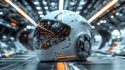 Fototapeta premium Futuristic space helmet resting on a sleek surface illuminated by glowing lights in a high-tech environment