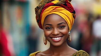 Fototapeta premium Celebrating joy an african woman smiling amidst urban chaos street photography vibrant environment close-up