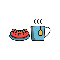 Tea and sausage set icon represents a hearty and comforting meal, perfect for café branding, breakfast menus, food truck promotions, and traditional dining visuals.