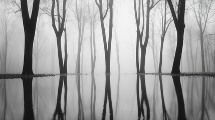 Obraz premium Misty forest landscape with tall trees reflecting in calm water, creating a serene and mysterious natural scenery. Perfect tranquility.