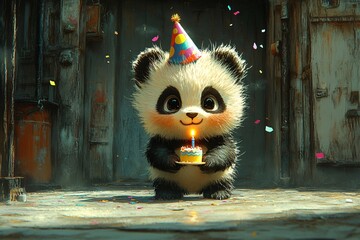 Funny and Cute Baby Panda Wearing a Rainbow Party Hat, Holding a Tiny Birthday Cake, With a Big Happy Smile, Looking Super Playful and Excited