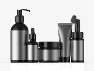Blank cosmetic container mockup template, including jar, pump bottle, cream tube, and dropper 3d template illustration.