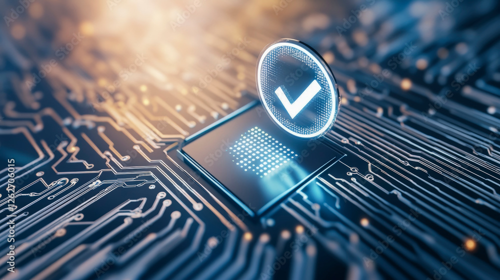 Poster futuristic digital technology concept with glowing circuit board and checkmark symbol, illustrating 