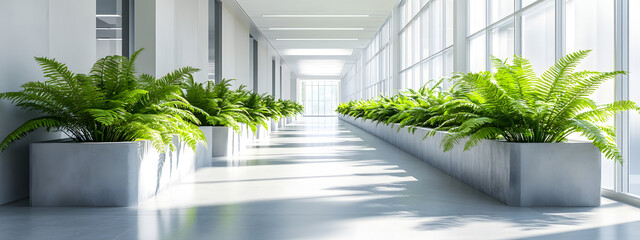 A long, bright hallway in an office building with ferns growing on the sides of gray concrete planters
