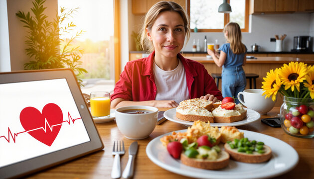 World Health Day. Healthy breakfast with woman smiling in modern kitchen, wellness concept
