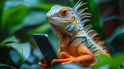 Obraz premium Iguana interacting with smartphone screen in lush green environment close-up image for nature lovers
