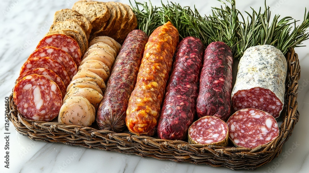 Poster an elegant and artistic display of assorted cured meats and cheeses arranged on a rustic platter, id