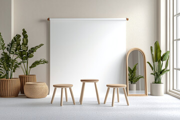 modern studio space featuring three wooden stools, large mirror, and potted plants, creating clean and inviting atmosphere with soft light