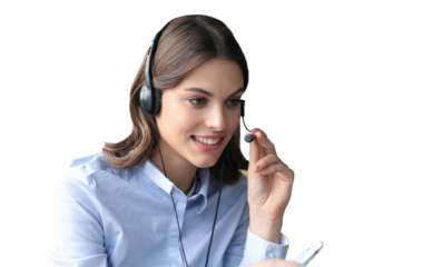 Beautiful smiling call center worker in headphones on a transparent background