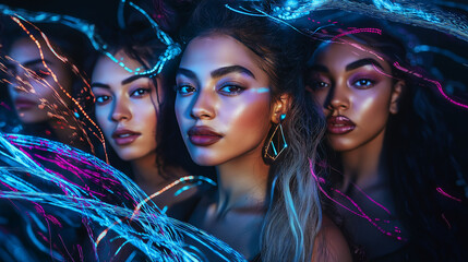 Fototapeta premium A group of diverse women stand together, each wearing a flowing, translucent veil that represents their shared vision while maintaining individuality