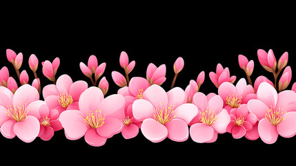 Gentle Cherry Blossoms Border Graphic with Delicate Pink Petals and Buds on Black Background Art