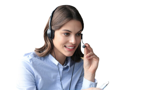 Beautiful smiling call center worker in headphones on a transparent background