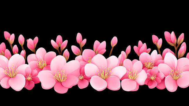 Gentle Cherry Blossoms Border Graphic with Delicate Pink Petals and Buds on Black Background Art