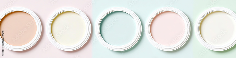 Poster five pastel colors in white circular containers on a multicolored background