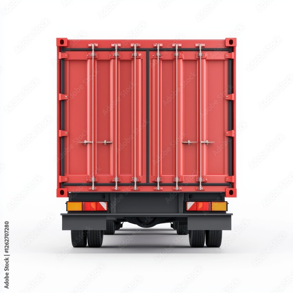 Poster a red shipping container viewed from the rear, showcasing its sturdy design and locking mechanisms.