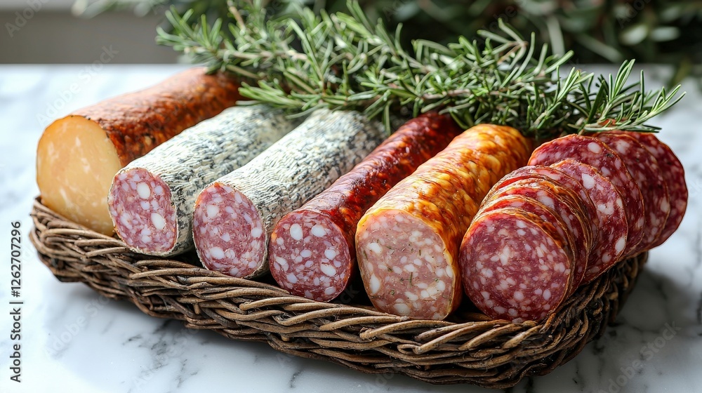 Poster this image captures a vibrant display of assorted artisanal sausages, showcasing various textures an