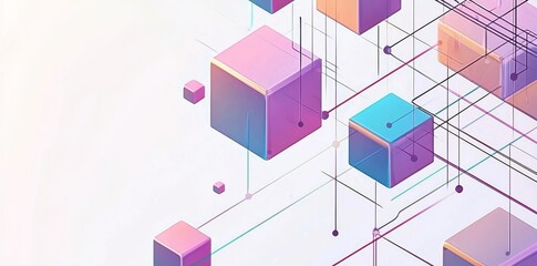 Modern technology integrates contemporary illustrations with a square grid. A technology banner template highlights a cubes texture. Digital geometric abstraction consists of lines and dots.