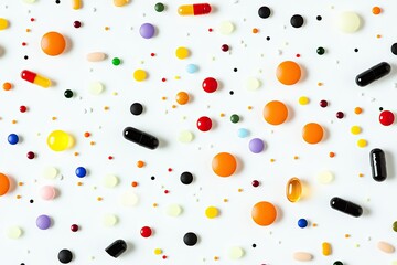 A collection of colorful pills and figurines scattered on a white background