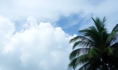 Naklejka premium Misty emerald green clouds drifting over a turquoise and teal tropical sky, radiating a fresh, exotic, and peaceful island-inspired ambiance.