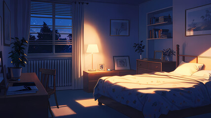 Quiet anime bedroom at night, lit by a small bedside lamp, with soft shadows and a serene atmosphere