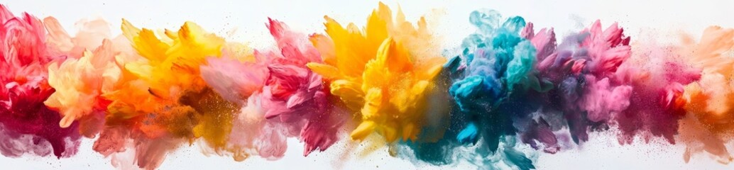Fototapeta premium On a wide, isolated white background, a bright and colorful explosion of rainbow Holi paint powder bursts forth