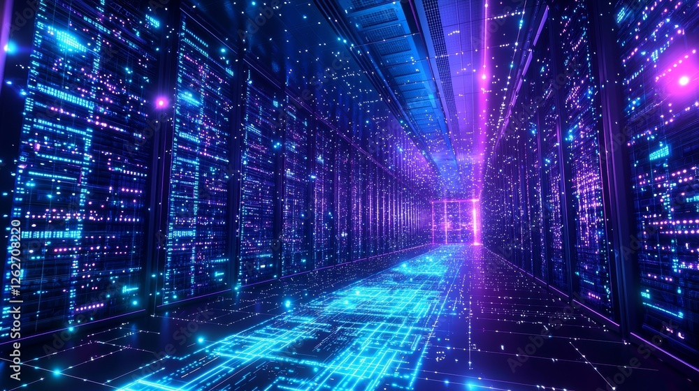 Poster a web-based digital technology hologram with a cloud icon, set against a background of blue and gold