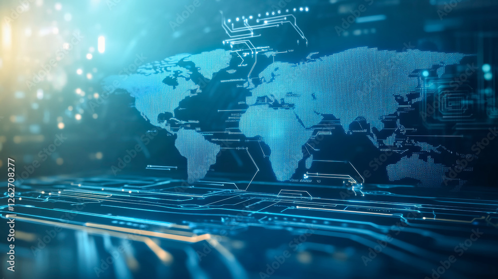 Poster global digital transformation concept with world map and technology circuit patterns, representing i