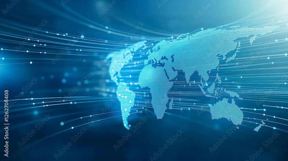 Poster digital world map with data lines, representing global connectivity, technology advancements, and in