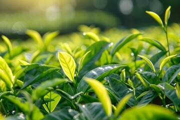 Obraz premium Vibrant green tea leaves growing on a plantation, backlit by the morning sun