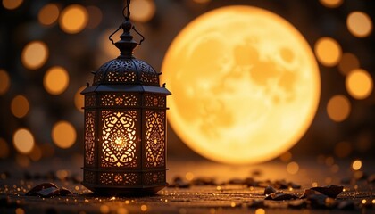 Naklejka premium Eid Mubarak Lantern with Festive Lights and Islamic Calligraphy.