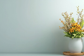 pale pastel blue wall with vase of tropical flowers, creating serene atmosphere. arrangement features vibrant colors and lush greenery, perfect for home decor