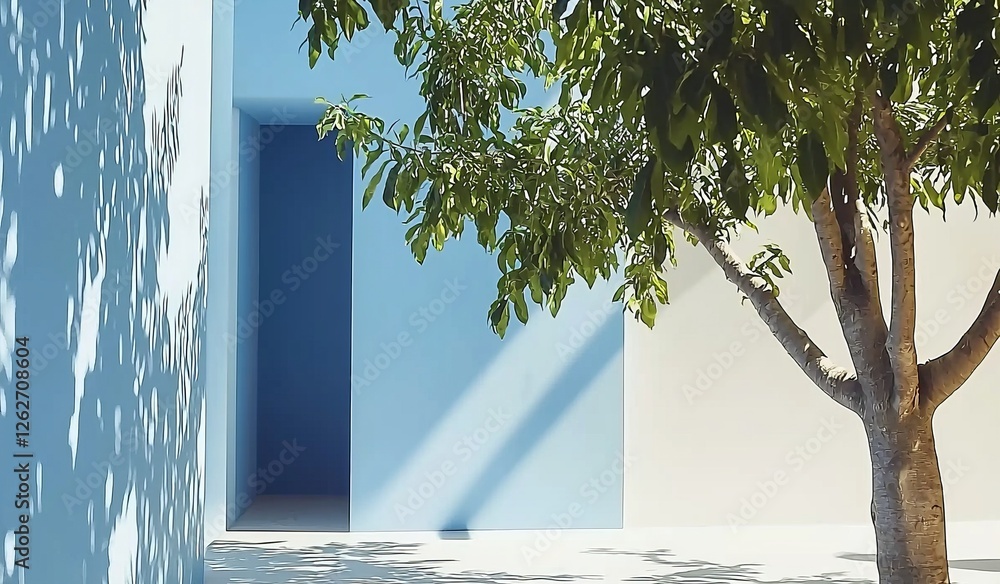 Poster using a light blue background with minimal abstract elements, featuring the play of shadow and light