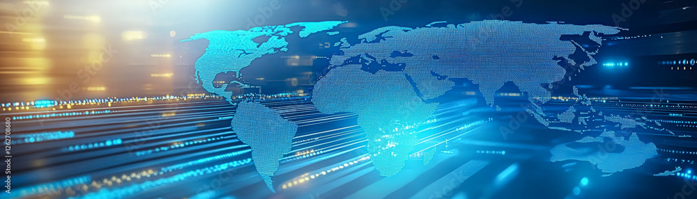Poster global network technology concept showcasing digital world map, enhancing connectivity, data exchang